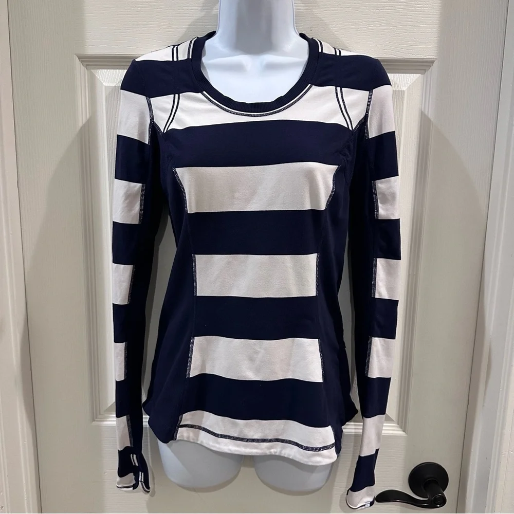 Lululemon Run: Switch Back Long Sleeve Wide Bold Stripe White Deep Indigo - Picture 2 of 7